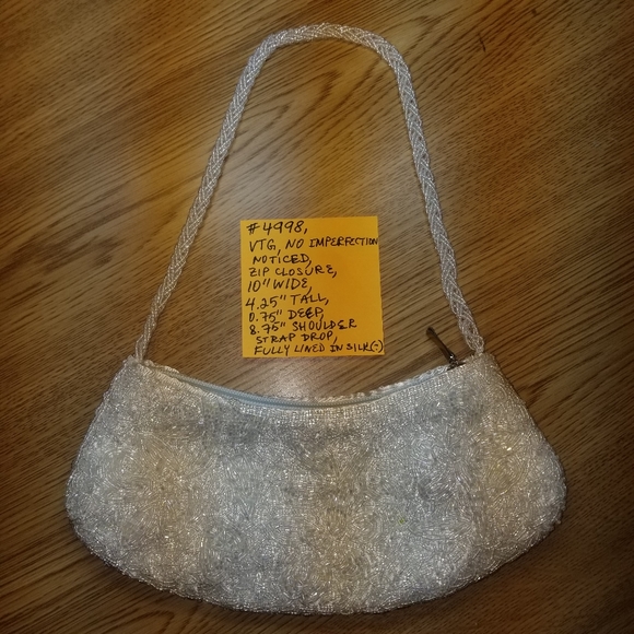 #4998 VTG White Hand Beaded Silk Lined   Purse Handbag - Picture 4 of 9